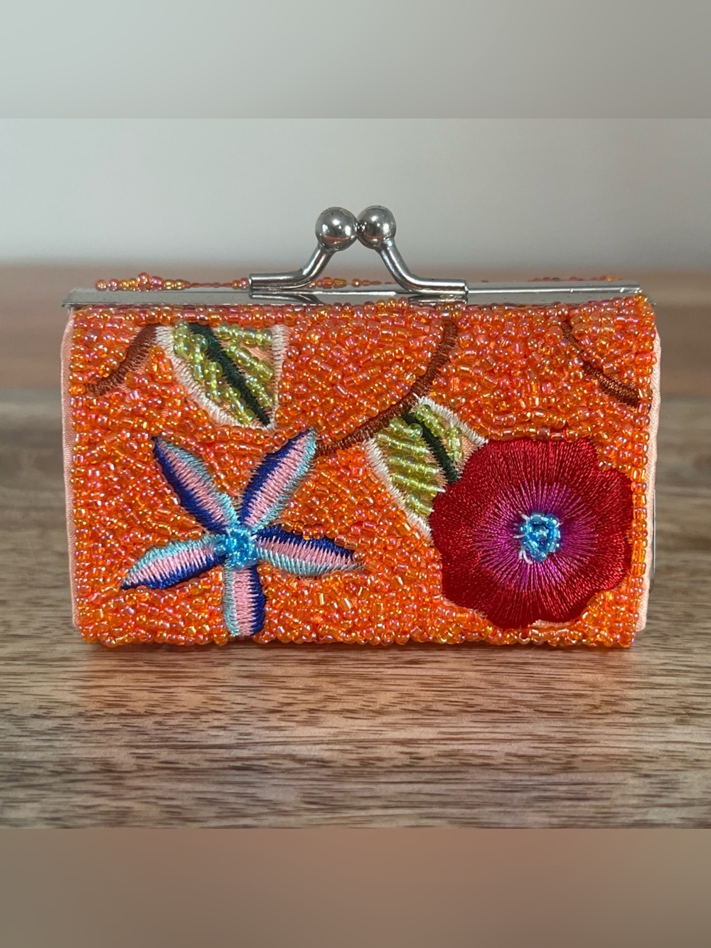 Embroidered Beaded Orange Floral Frame Clutch Coin Purse